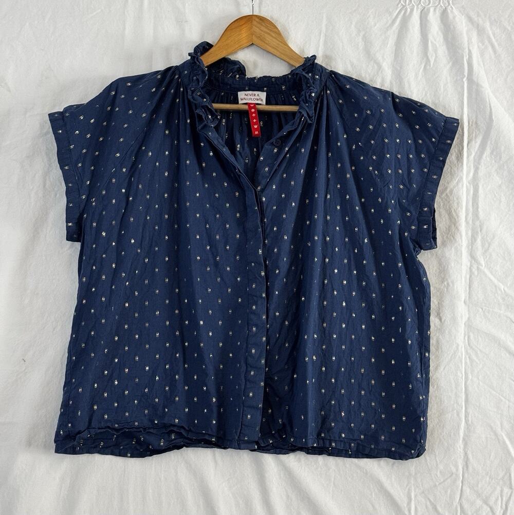 Never A Wallflower Navy Blue Metallic Ruffle Collar Button Down Boxy Top Medium